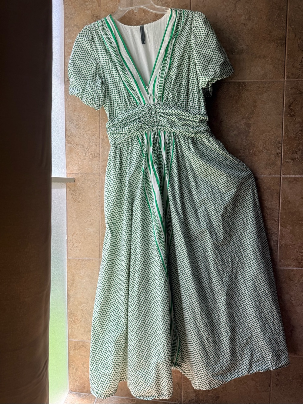 Anthropologie Katerina Button Down Dress Green White Pockets Smocked Waist Large